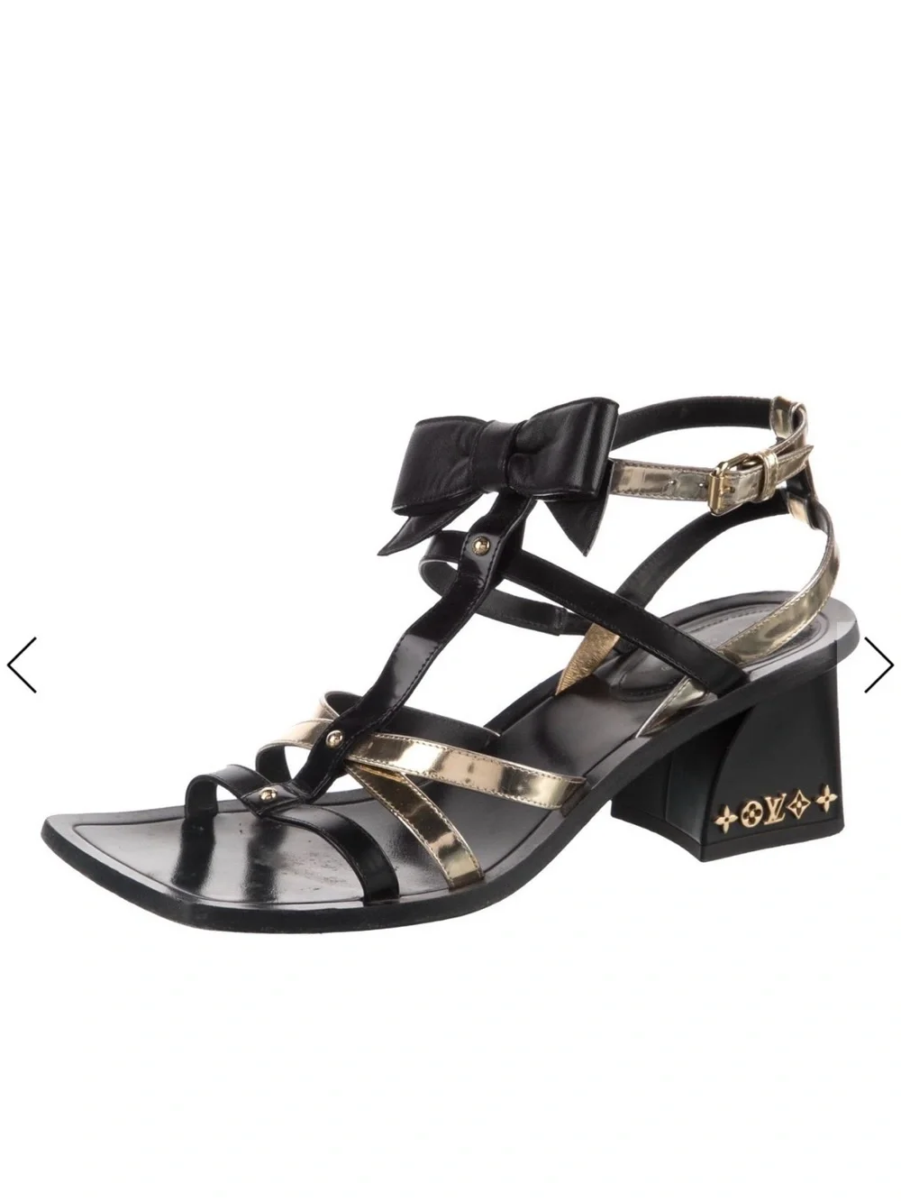 Louis Vuitton Black and Gold Bow T-Strap Block Heel Sandals